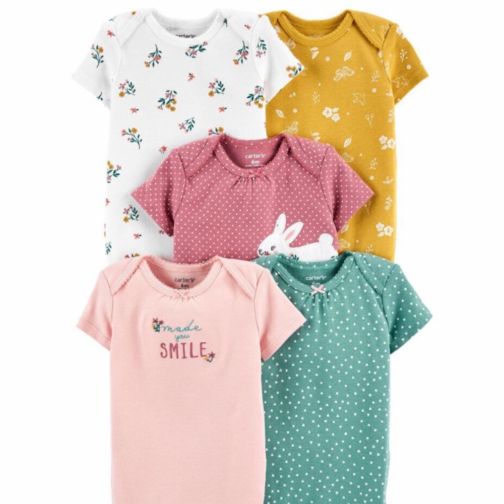 Carters short sleeve onesies.  Spring themed. 5 pieces